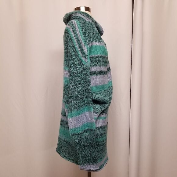 Free People Blue Green Waterfalls Combo Striped Pullover Cowl Neck Tunic Sweater - Picture 5 of 9